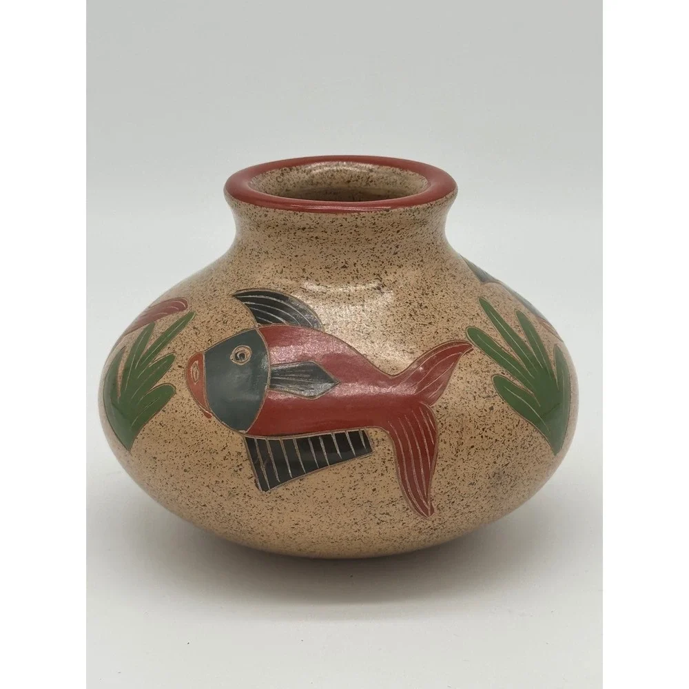 Vintage Nicaraguan Folk Art Pottery Vase Hand Carved Inciso Fish Design Boho